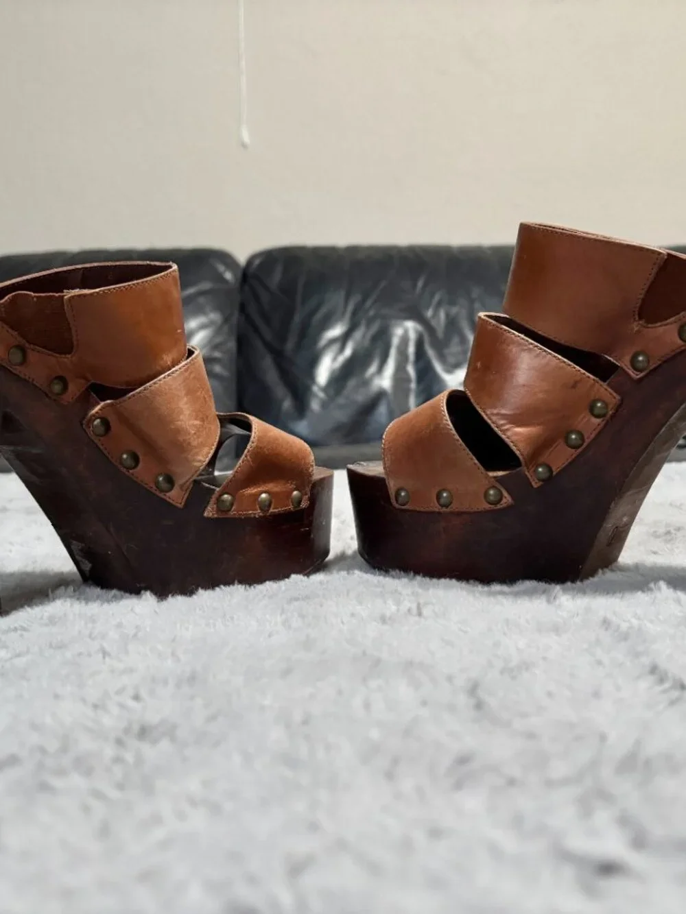 Wild Pair Brown Leather Studded Platform Heels